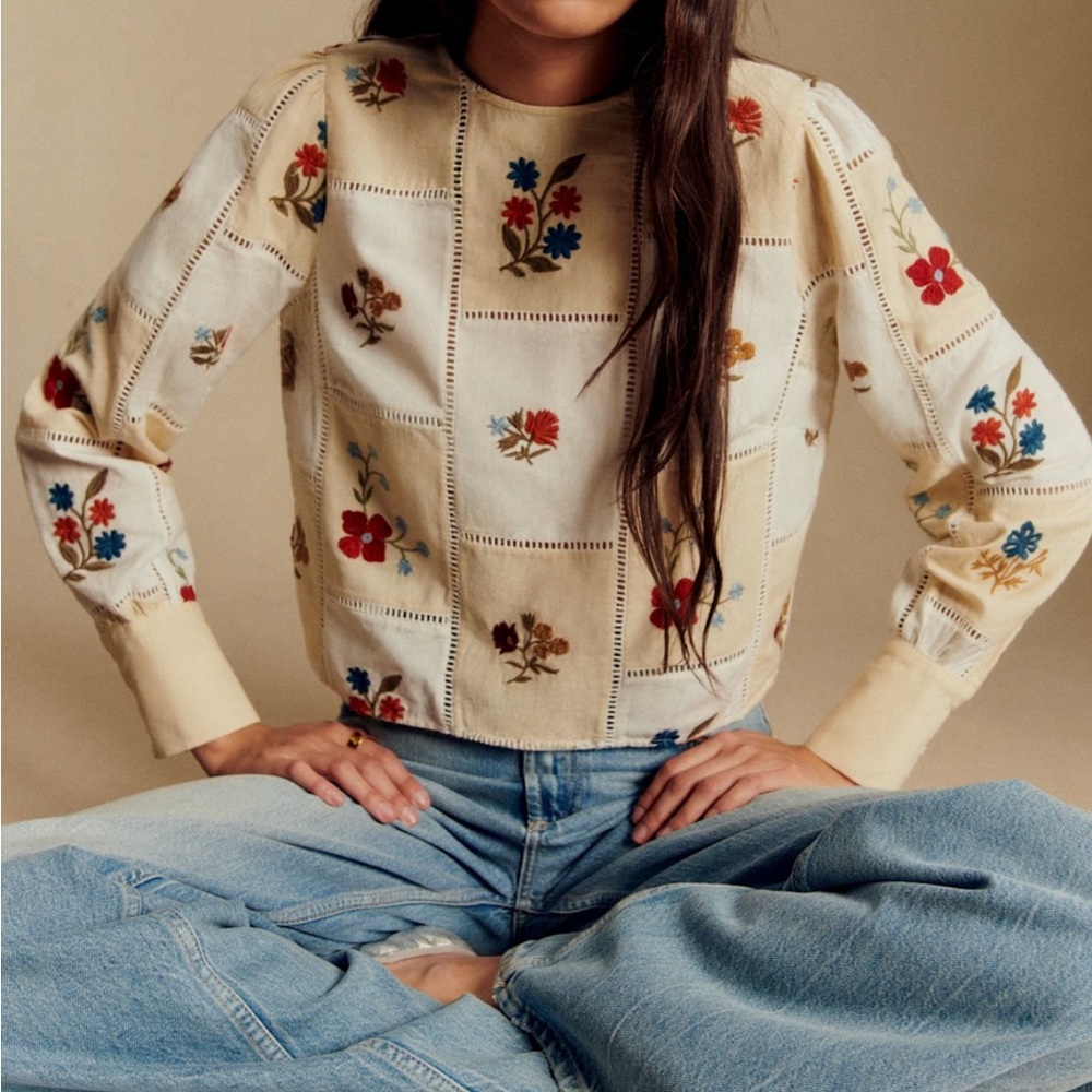 Sezane Flaminette Embroidered Floral Boxy Blouse